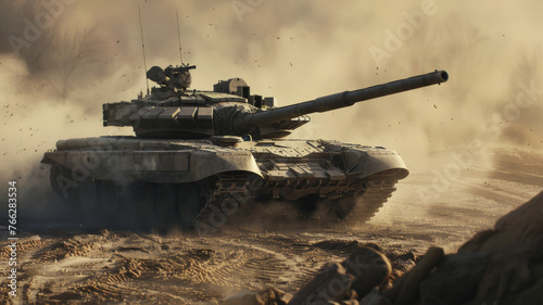 Dynamic battle tank speeding through a dusty terrain in action.
