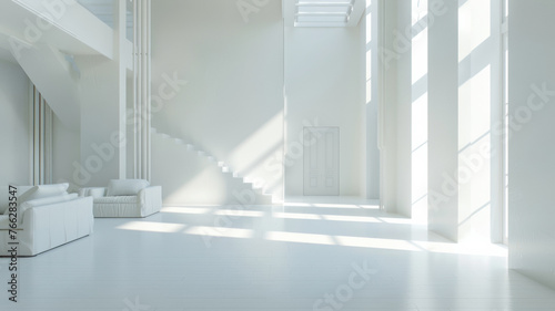Minimalist white interior with striking staircase and shadows.