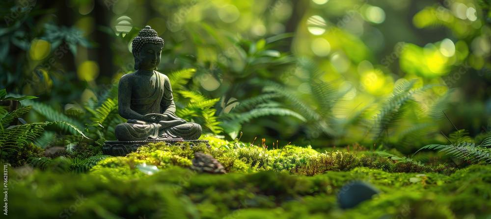 A serene and peaceful background featuring an isolated golden Buddha statue in the center of lush greenery - obrazy, fototapety, plakaty 