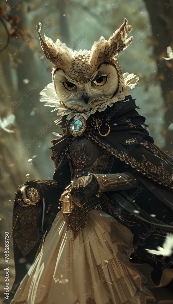 An owl with wise, deep eyes, dressed in an elegant Victorian gown, floats gracefully in a muted