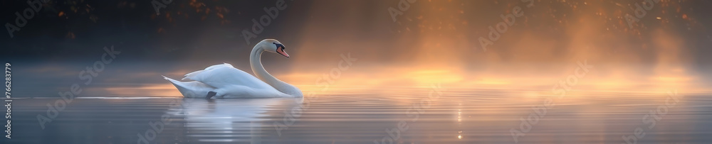 Obraz premium The solemn grace of a swan gliding over a misty pond at dawn, tranquil elegance, peaceful glide, digital photography