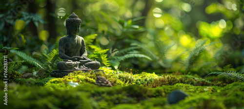 A serene and peaceful background featuring an isolated golden Buddha statue in the center of lush greenery © Kien