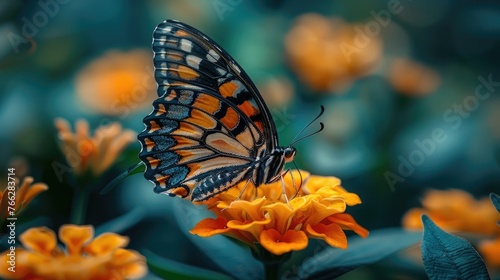 The delicate flutter of a butterfly's wings as it alights on a flower, sipping nectar with delicate grace and elegance, a symbol of transformation and renewal. © Talhamobile