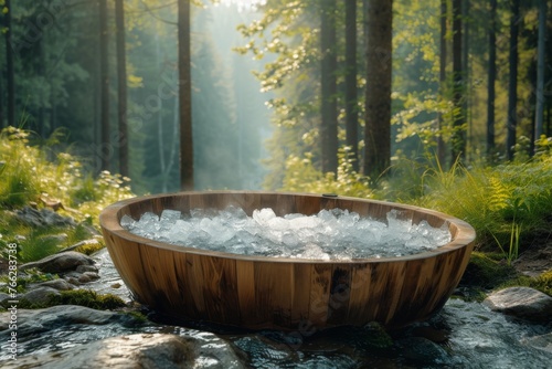 A large wooden tub filled with ice sits in a forest setting