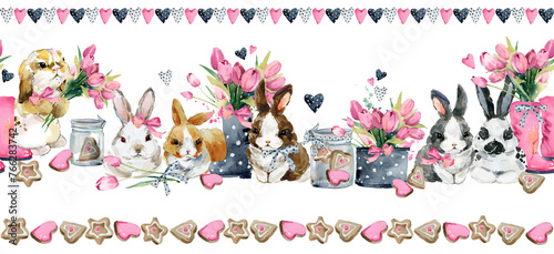 Cute watercolor baby bunny with flowers seamless pattern. Hand-drawn watercolor portrait of a rabbit bunny with a bouquet of flowers (ID: 766283742)
