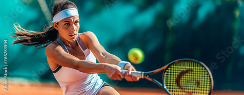 Female tennis player with white luggage hitting the ball with the racket. Space for text.