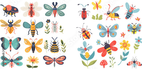 Child drawing insects, flying butterflies and baby ladybird