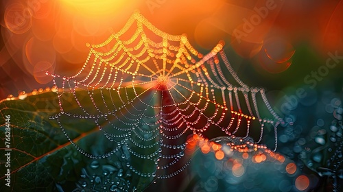 The intricate lattice of a spider's web, glistening with dewdrops in the soft light of dawn.