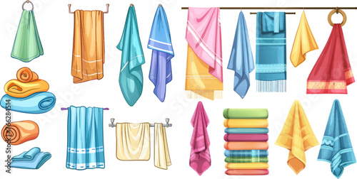 Cartoon fabric towel hanging on ring, rolled color cloth towels and folded towel vector illustration set
