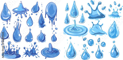 Liquid flow, wave, stream and puddles. Nature water motion shapes vector set