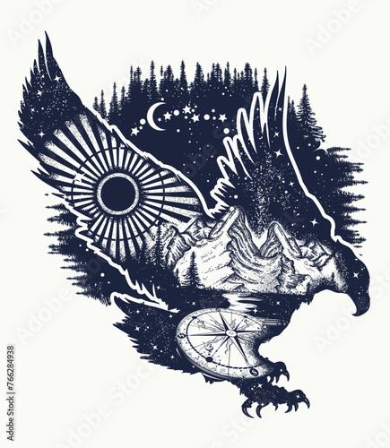 Wild forest, eagle and mountains, double exposure tattoo. Sacred geometry art. Flying hawk and compass. Symbol of nature, adventure, travel, great outdoors. Creative t-shirt design concept