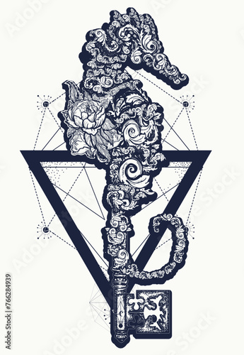Sea horse, roses flowers and vintage key. Sacred geometry style. Tattoo and t-shirt design. Black and white esoteric symbol of adventure, travel, journey, freedom