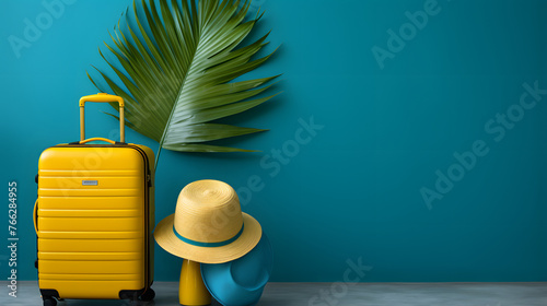 yellow luggage, sun hat and a palm leaf, in the style of dark turquoise and light azure, minimalist backgrounds, website, seapunk, aerial view, light white and dark azure, use of common materials photo
