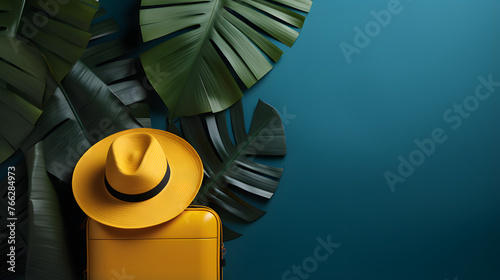 yellow luggage, sun hat and a palm leaf, in the style of dark turquoise and light azure, minimalist backgrounds, website, seapunk, aerial view, light white and dark azure, use of common materials photo