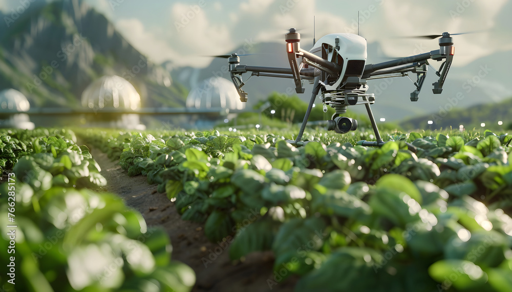 Agriculture drone fly to spray fertilizer. Smart farmer use drone for various fields like research analysis, terrain scanning technology, smart technology concept.