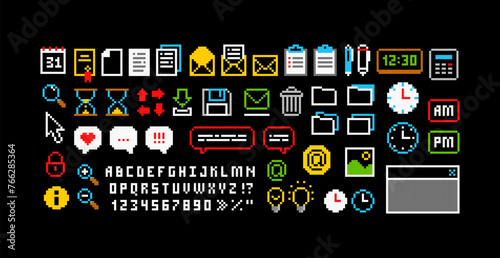8-bit Game perfect pixel graphics icons Set 7. Pixel icons set of Office organizer items, folder, document, task, letter envelope. Retro Video Game art. Isolated vector
