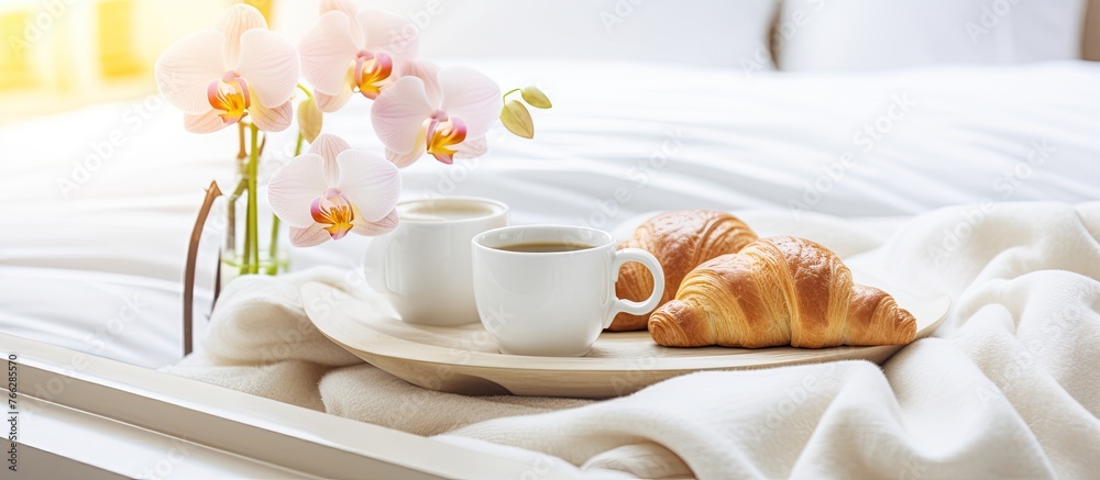 A tray holds a delicious croissant and a steaming cup of coffee, perfect for a cozy morning breakfast