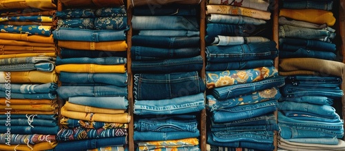 A shelf filled with stacks of blue and yellow jeans  resembling the colorful rubber tires displayed in an automotive tire showroom