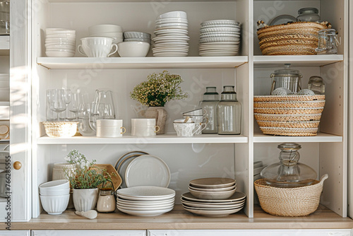 Opened white glass cabinet with clean dishes and decor. Scandinavian style kitchen interior. Organization of storage in kitchen © Zoraiz
