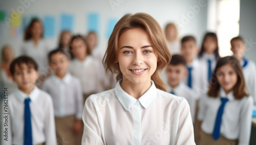 Portrait of smiling teacher woman in a class at elementary school, with students on blurred background