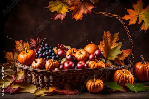 beautiful autumn harvest in basket and leaves