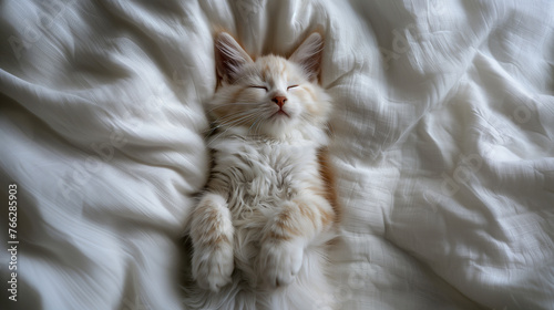 A white kitten peacefully sleeps on a white blanket