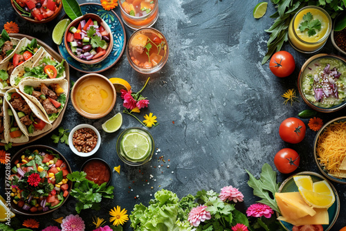 Overhead view of Mexican food decorated with flowers on table 