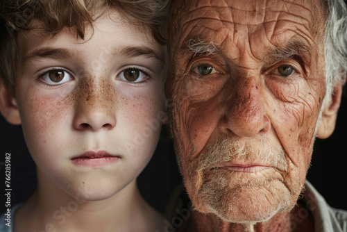 A young boy and an old man. The boy has a young face, while the old man has a wrinkled face. Concept of contrast between youth and age. young around 9 years old vs adult around 50 years old