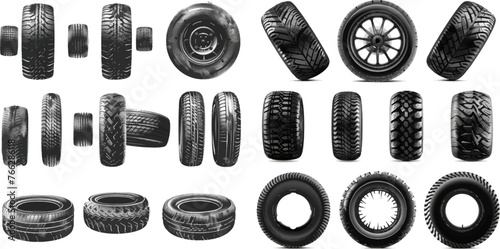 Car tire tread tracks, motorcycle racing wheels icons and dirty tires track