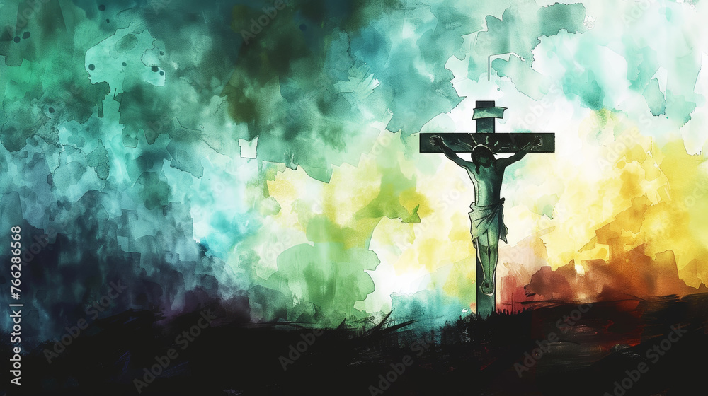 Easter crucifixion scene with silhouettes of the cross of Jesus Christ. Watercolor. Dark colours. Generative AI