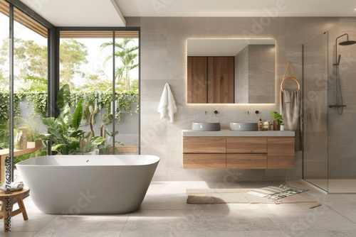 A photo of an elegant bathroom in the style of Scandinavian  featuring light grey tiles on the walls and floor with wood accents for furniture