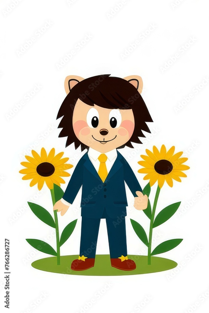 Cute cartoon baby hedgehog with a bouquet of flowers in the meadow. Illustration in flat style. Cute cartoon baby hedgehog with a bouquet of flowers in the meadow. Illustration in flat style.