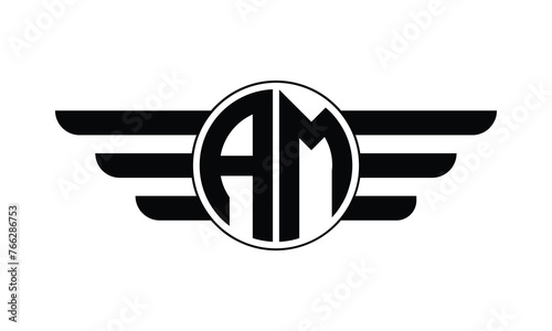 AM initial letter circle wings icon gaming logo design vector template. batman logo, sports logo, monogram, polygon, war game, symbol, playing logo, abstract, fighting, typography, minimal, wings logo