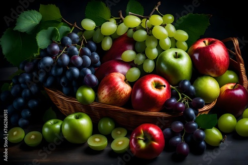 juicy fruits red   green apple  red   green grapes and melon on the fruit basket