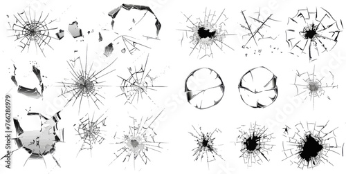 Crack shattered mirror or bullet hole. Vector illustration isolated icons set