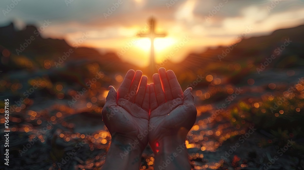 Woman's hand with cross. Concept of hope, faith, christianity, religion, church online. religion Concept - obrazy, fototapety, plakaty 