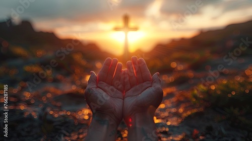 Woman's hand with cross. Concept of hope, faith, christianity, religion, church online. religion Concept photo