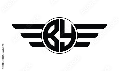 BY initial letter circle wings icon gaming logo design vector template. batman logo, sports logo, monogram, polygon, war game, symbol, playing logo, abstract, fighting, typography, minimal, wings logo