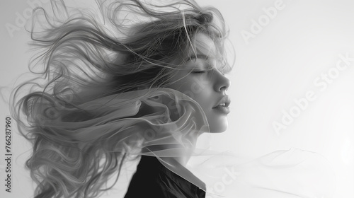 A woman standing with her hair blowing in the wind, captured with motion blur in a white studio
