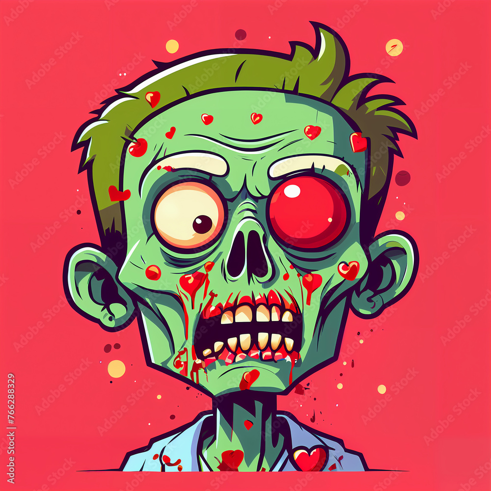 This colorful, cartoonish zombie wears a bowtie and a suit. Its green skin contrasts with its red hair and yellow eyes. The expressive face features drooling and a heart-shaped mouth. 