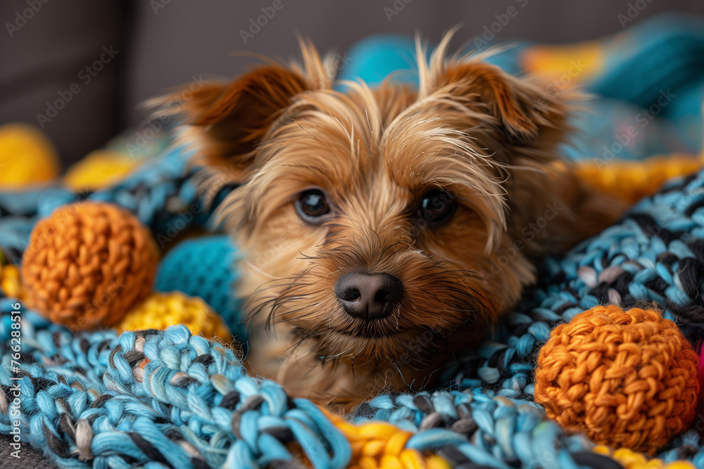 A small brown dog yorkshire terrier relaxing on top of a blanket