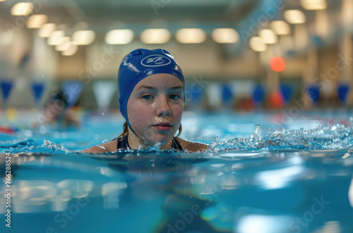 A young female swimmer in the water, wearing a blue and green swimming cap with a white strip on the front