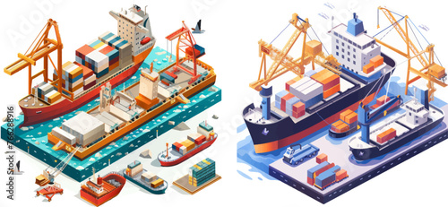 Isometric seaport cargo service, cargo ship barge, container and crane photo