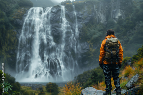 A man with a backpack stands in front of a majestic waterfall