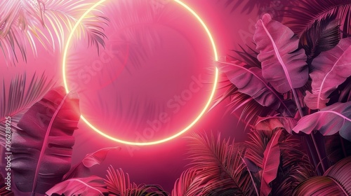 Pink Neon Circle Surrounded by Palm Leaves