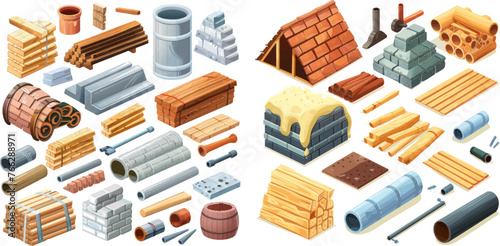 Construction industry bricks, cement, wooden planks and metal pipes vector illustration set