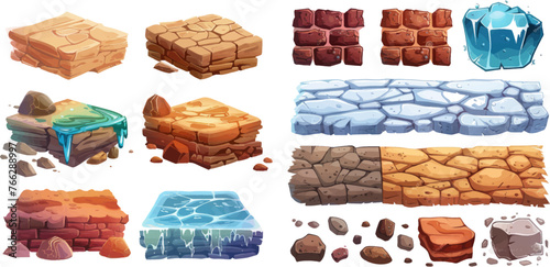 Texture game brick surface, ice, bricks sandy desert and dirt ground layers for game level design vector illustration set