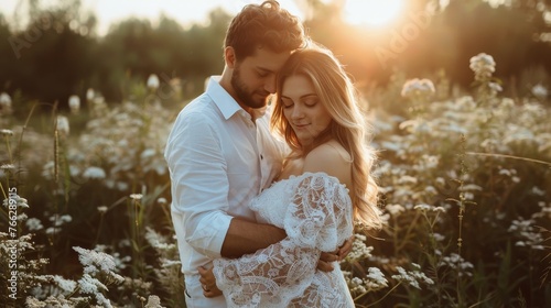 Man and Woman Standing in Field of Flowers