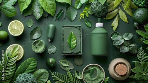 Vibrant Green Beauty and Wellness Products Flat Lay, Happy Earth Day April 22 photo