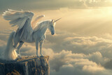 a white unicorn standing on top of a cliff with flying clouds in background ready to take a flight